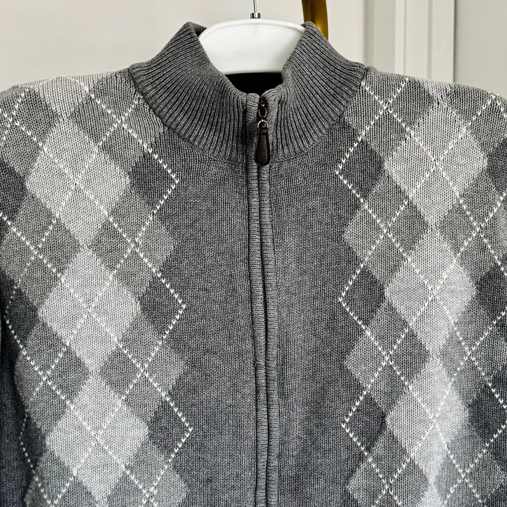 Cozy Men's Gray White Argyle Zip Up Long Sleeves‎ Sweater Cardigan Size Large